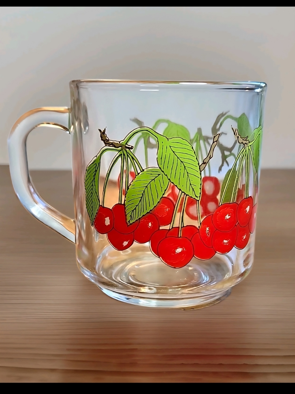 Luminarc VTG 70s 80s Clear Glass Mug Signed E. Martin Cherry Fruit Pattern